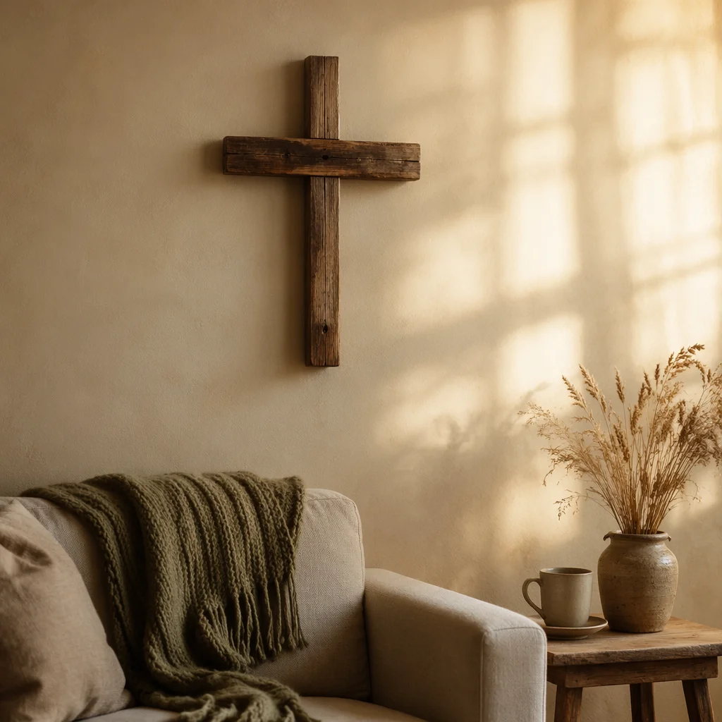 Wooden Cross on Warm Living Room Wall