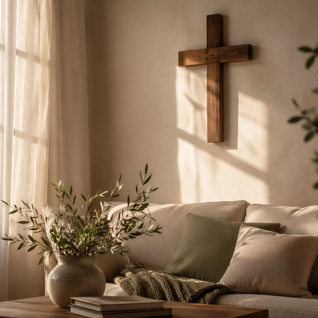 Wooden Cross Above Cozy Linen Sofa