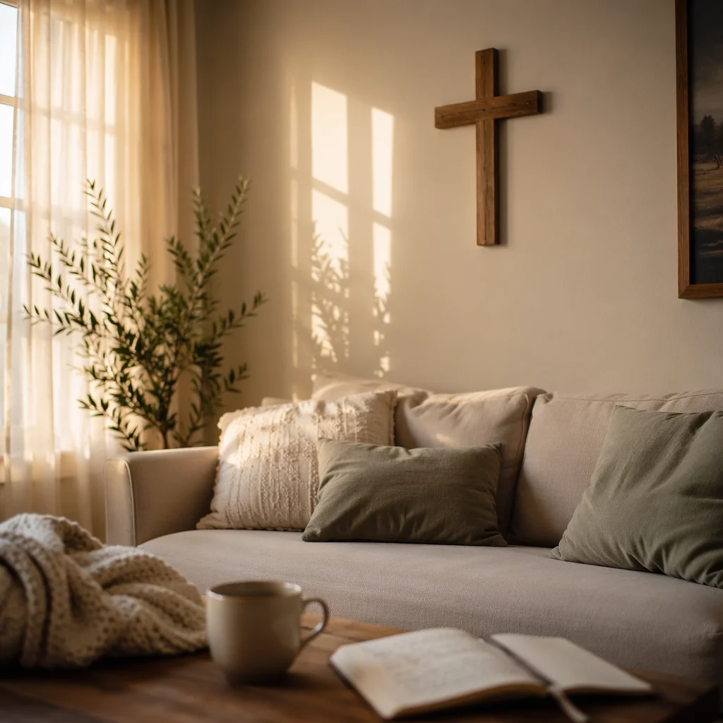 Wooden Cross Above Cozy Living Room Sofa