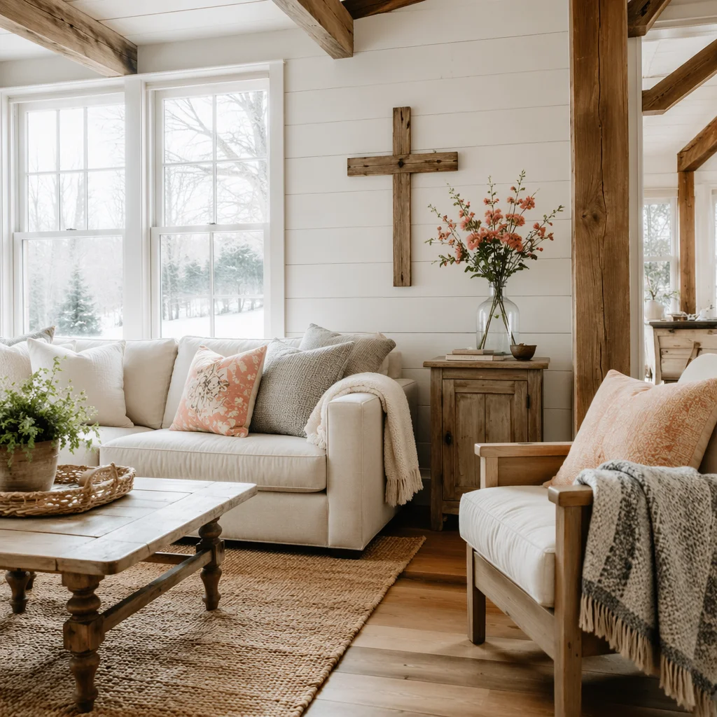 Wooden Cross in Cozy Rustic Living Room