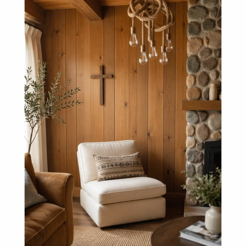 Wooden Cross in Cozy Rustic Living Room