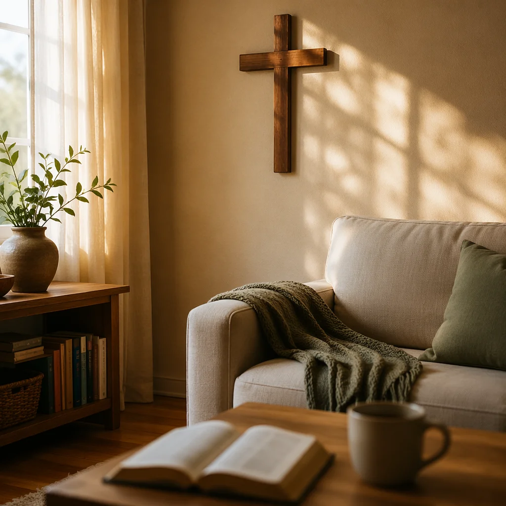 Wooden Cross Above Cozy Living Room Sofa