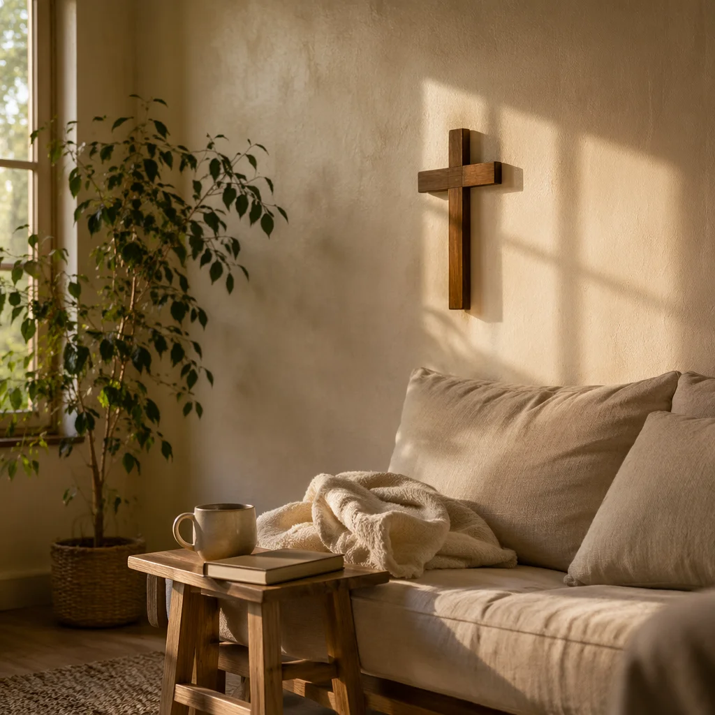 Wooden Cross Above Cozy Living Room Sofa