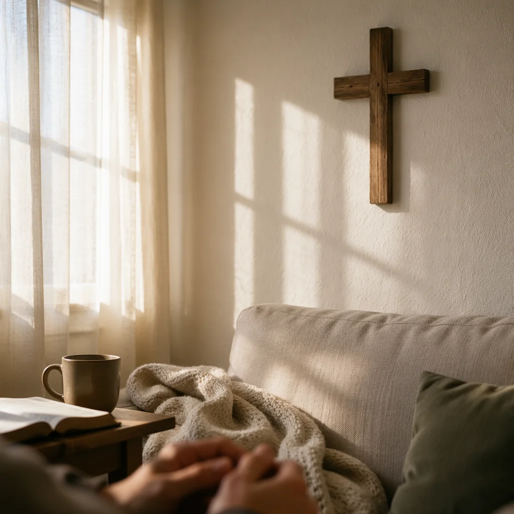 Wooden Cross on Serene Living Room Wall