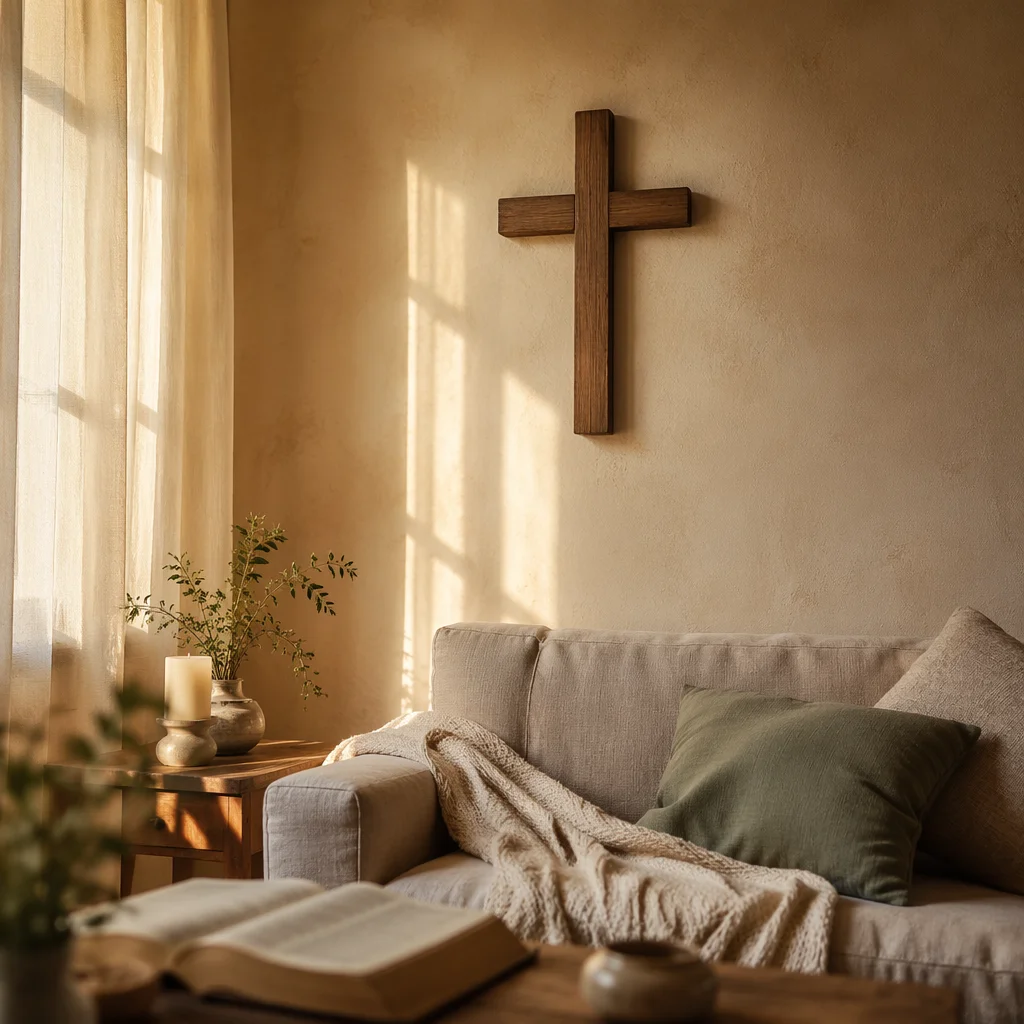 Wooden Cross Above Cozy Linen Sofa