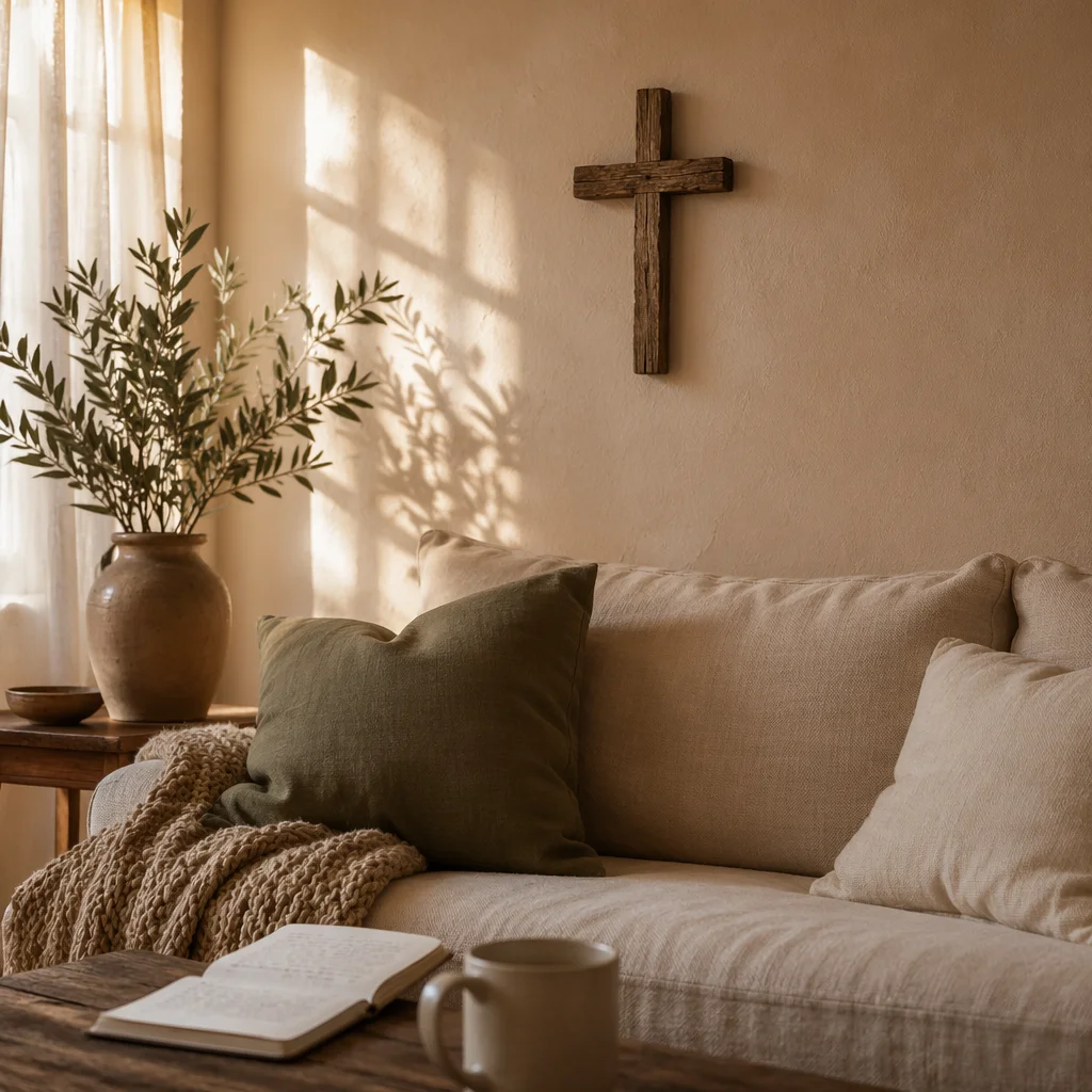 Wooden Cross on Warm Living Room Wall