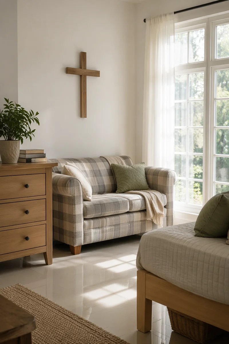 Wooden Cross in Sunlit Living Room