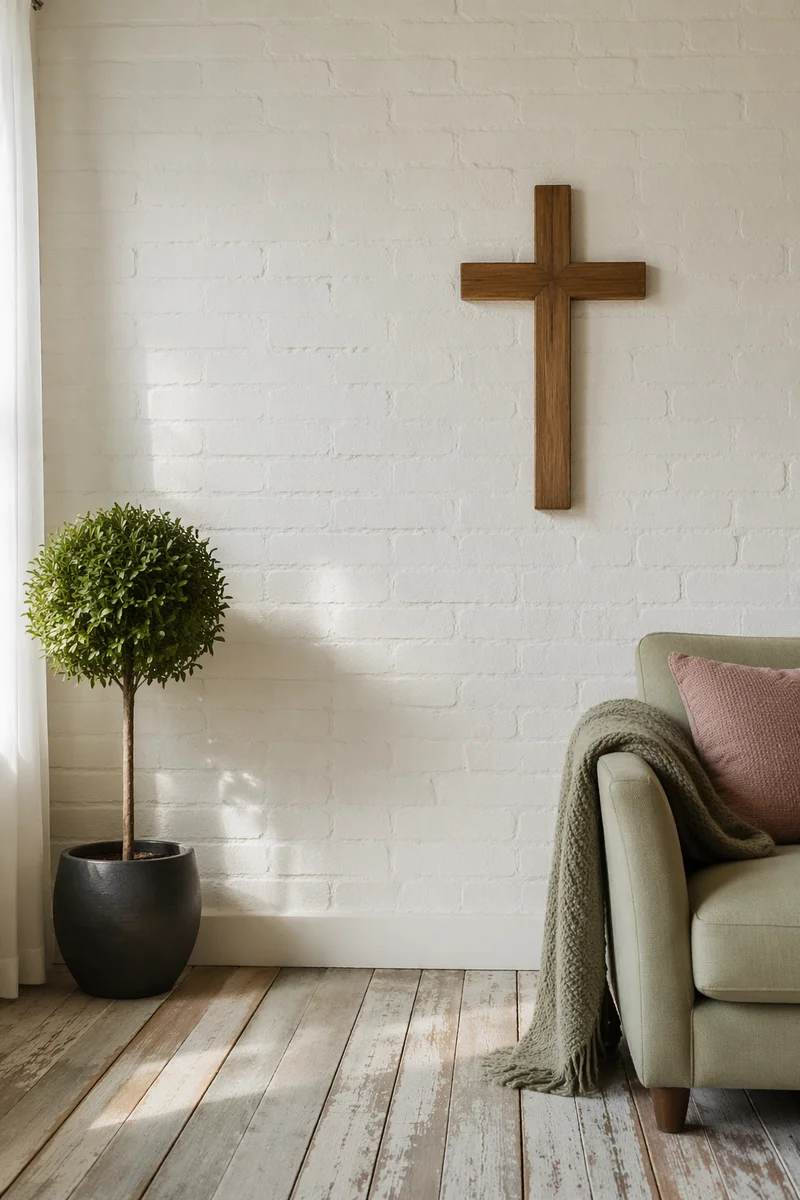 Wooden Cross on White Brick Living Room Wall