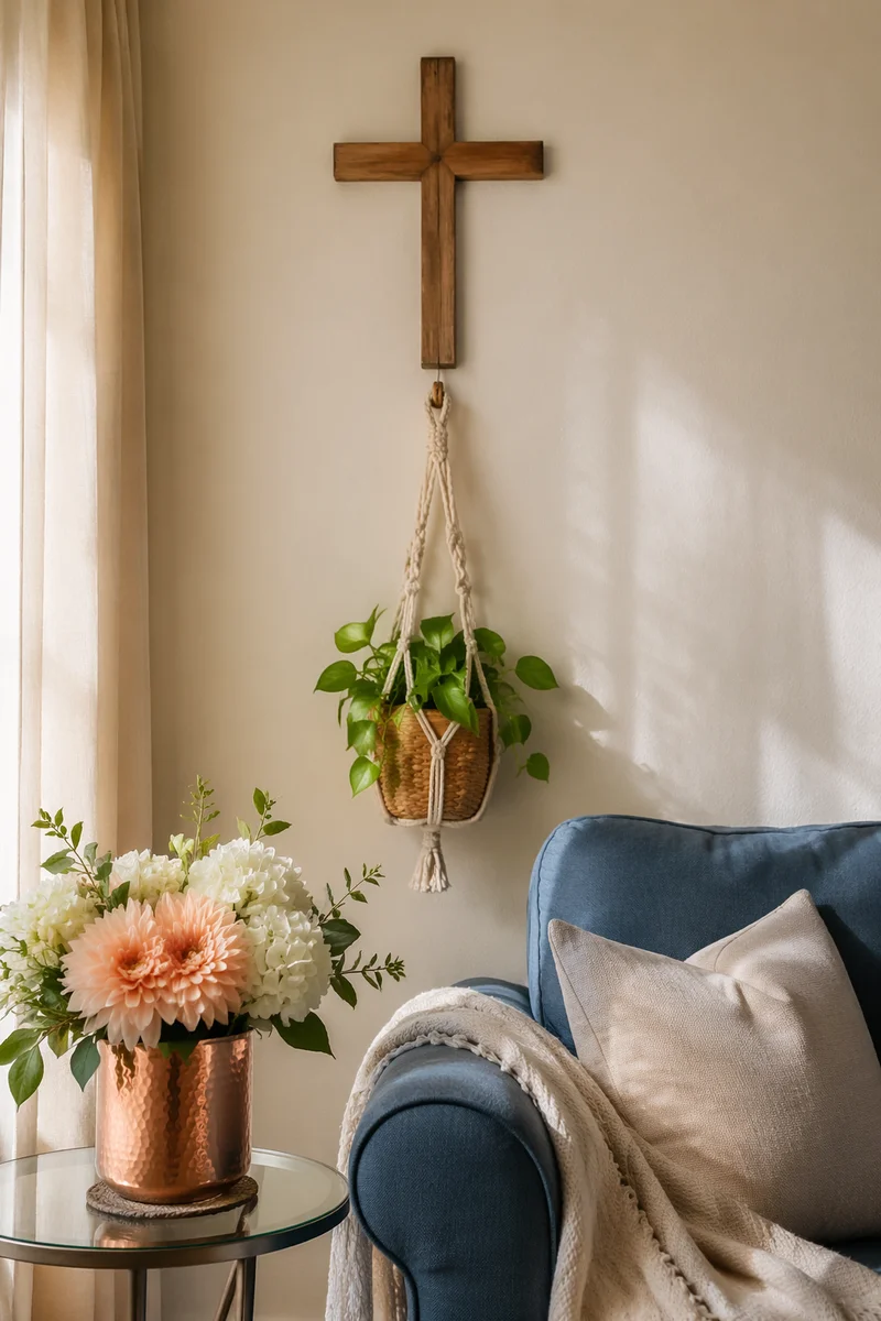 Wooden Cross on Cozy Living Room Wall