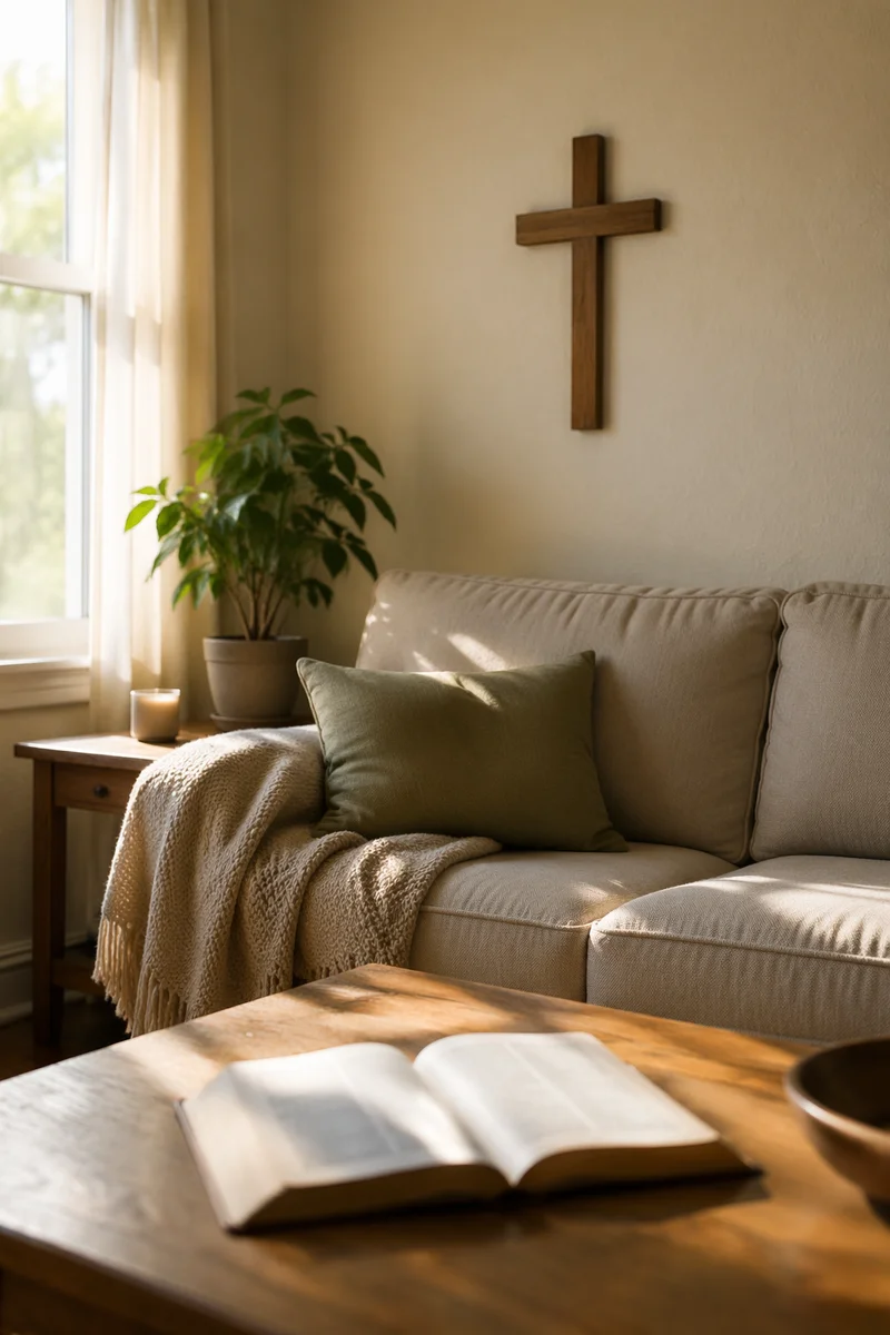 Wooden Cross Above Cozy Living Room Sofa