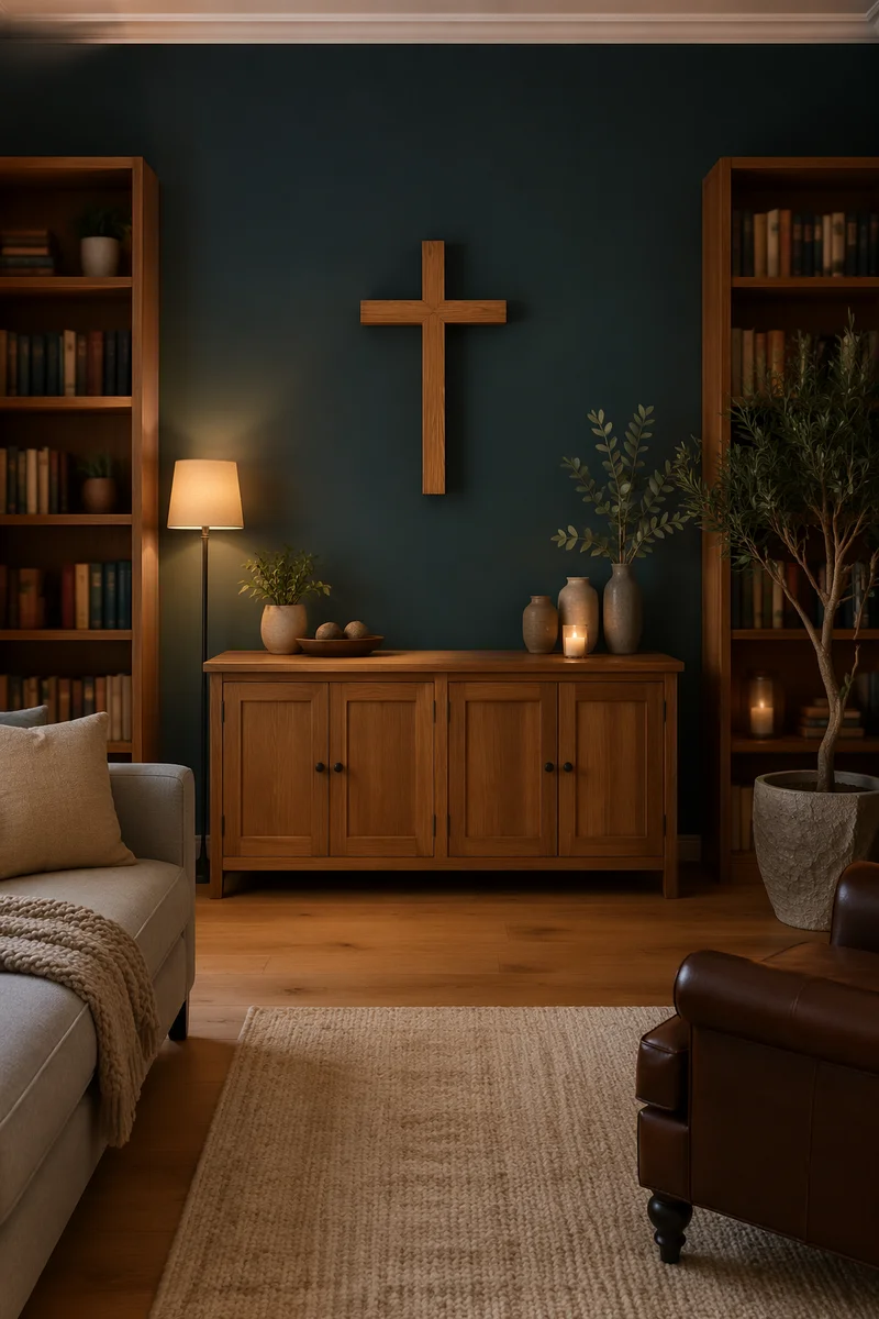 Wooden Cross on Teal Living Room Wall