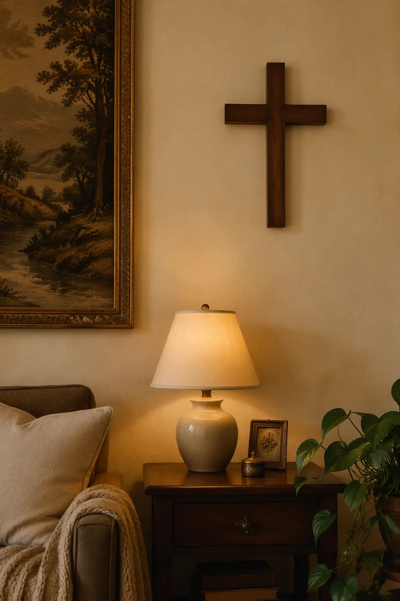 Wooden Cross on Warm Living Room Wall