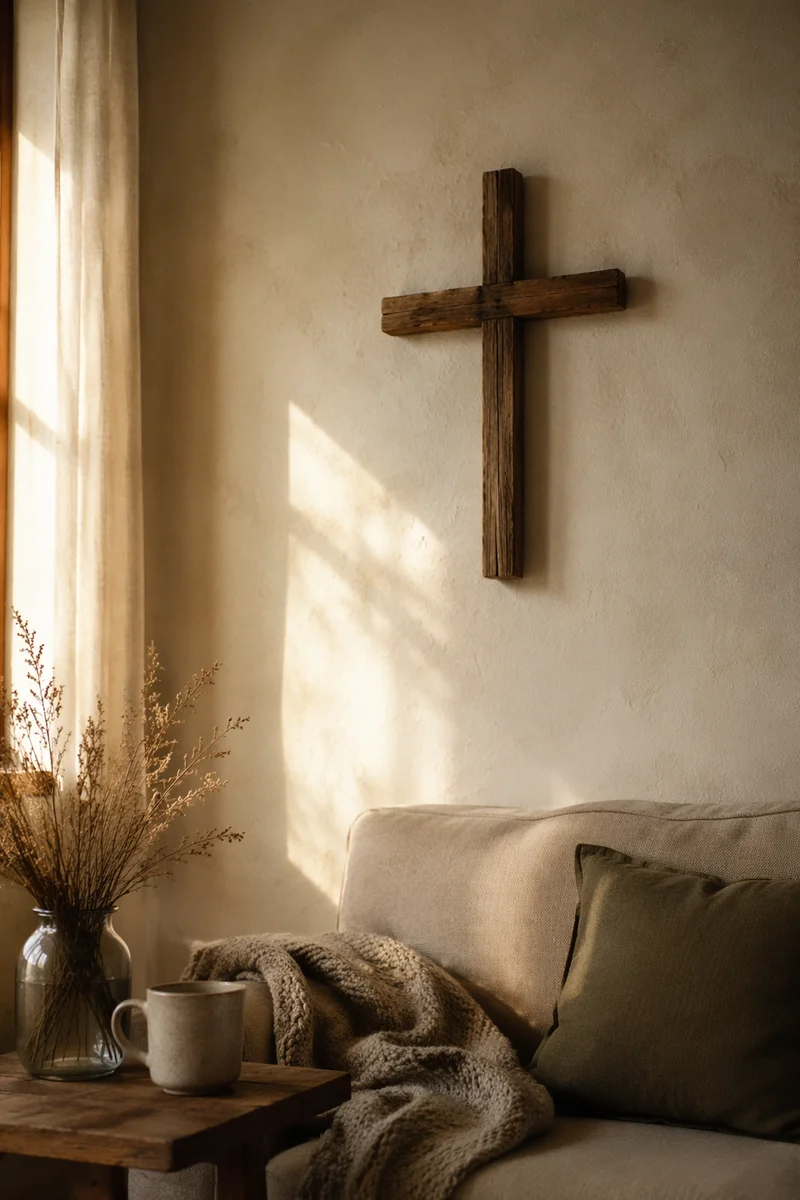 Wooden Cross on Warm Living Room Wall