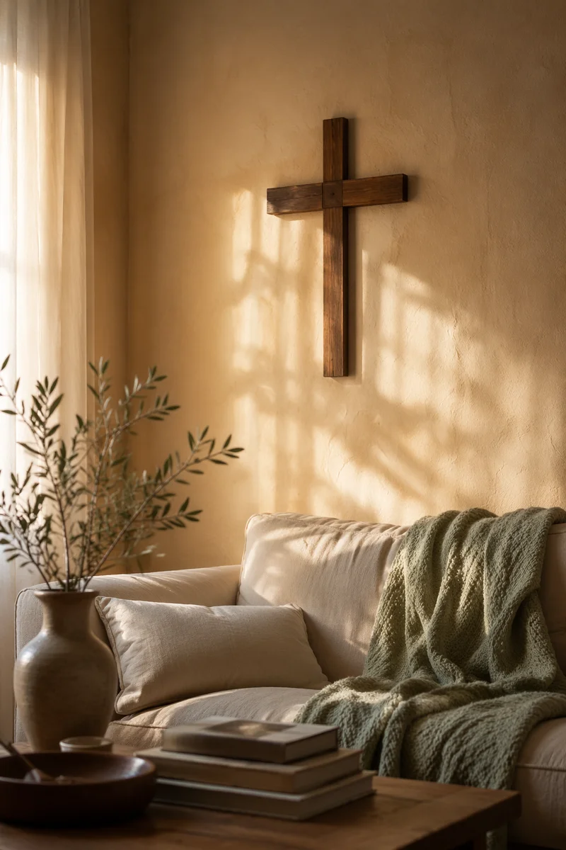 Wooden Cross Above Cozy Linen Sofa