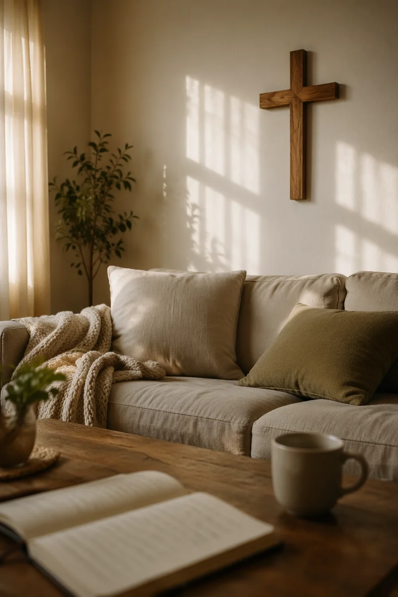Wooden Cross Above Cozy Linen Sofa