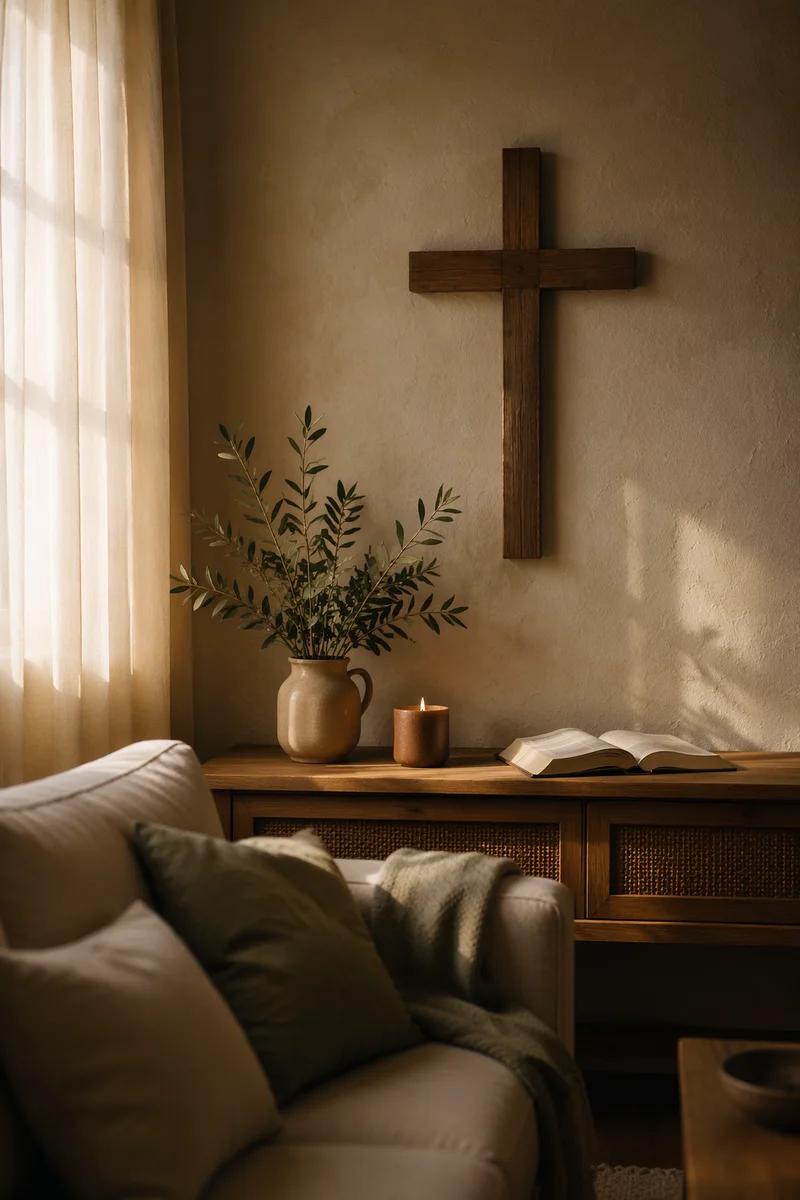 Wooden Cross in Cozy Living Room
