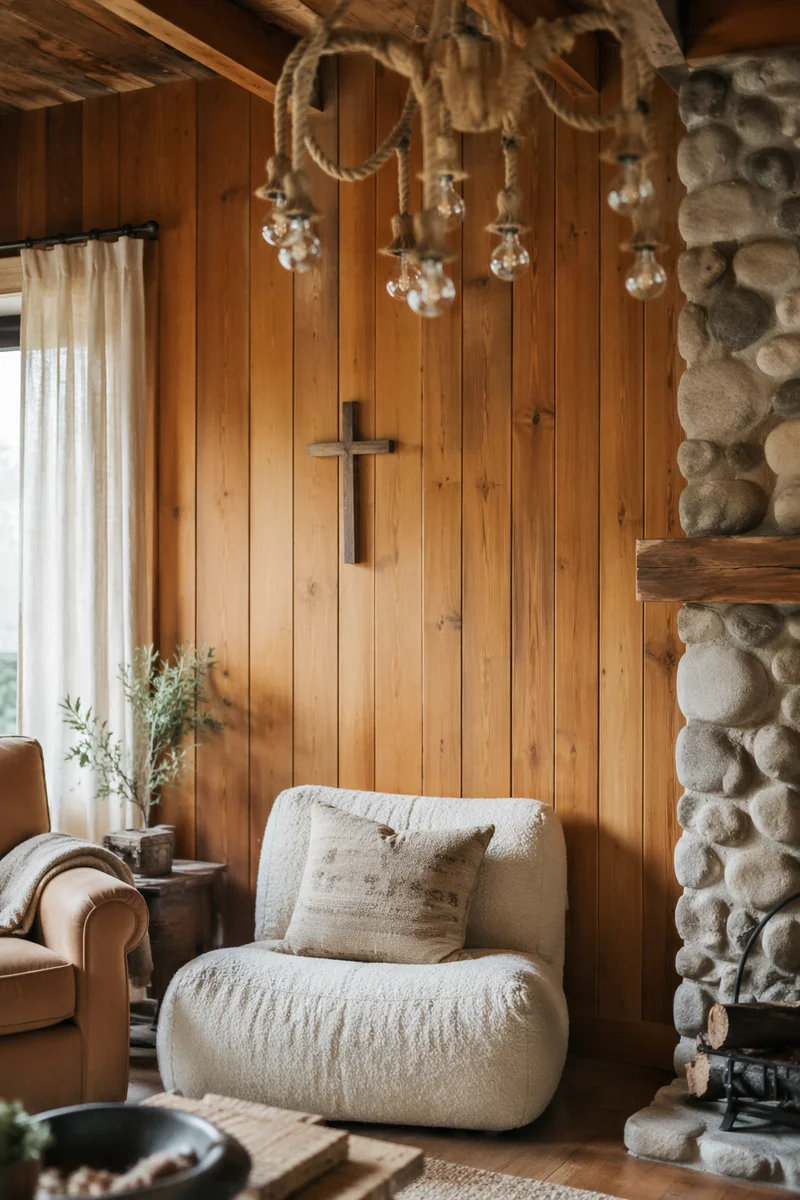Wooden Cross in Cozy Rustic Living Room