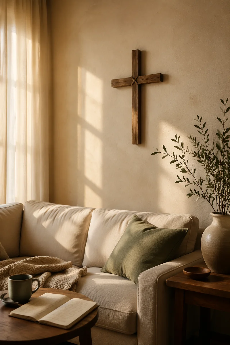 Handmade Wooden Cross in Cozy Living Room