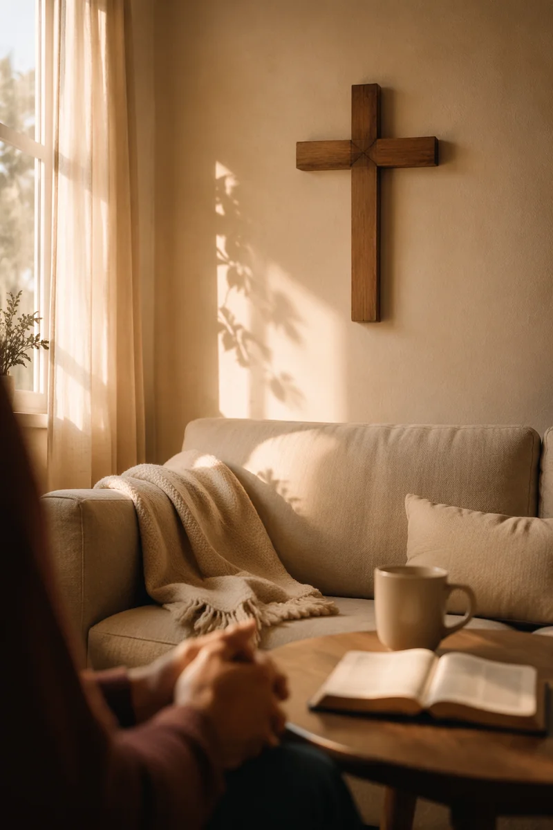 Wooden Cross in Warm Living Room
