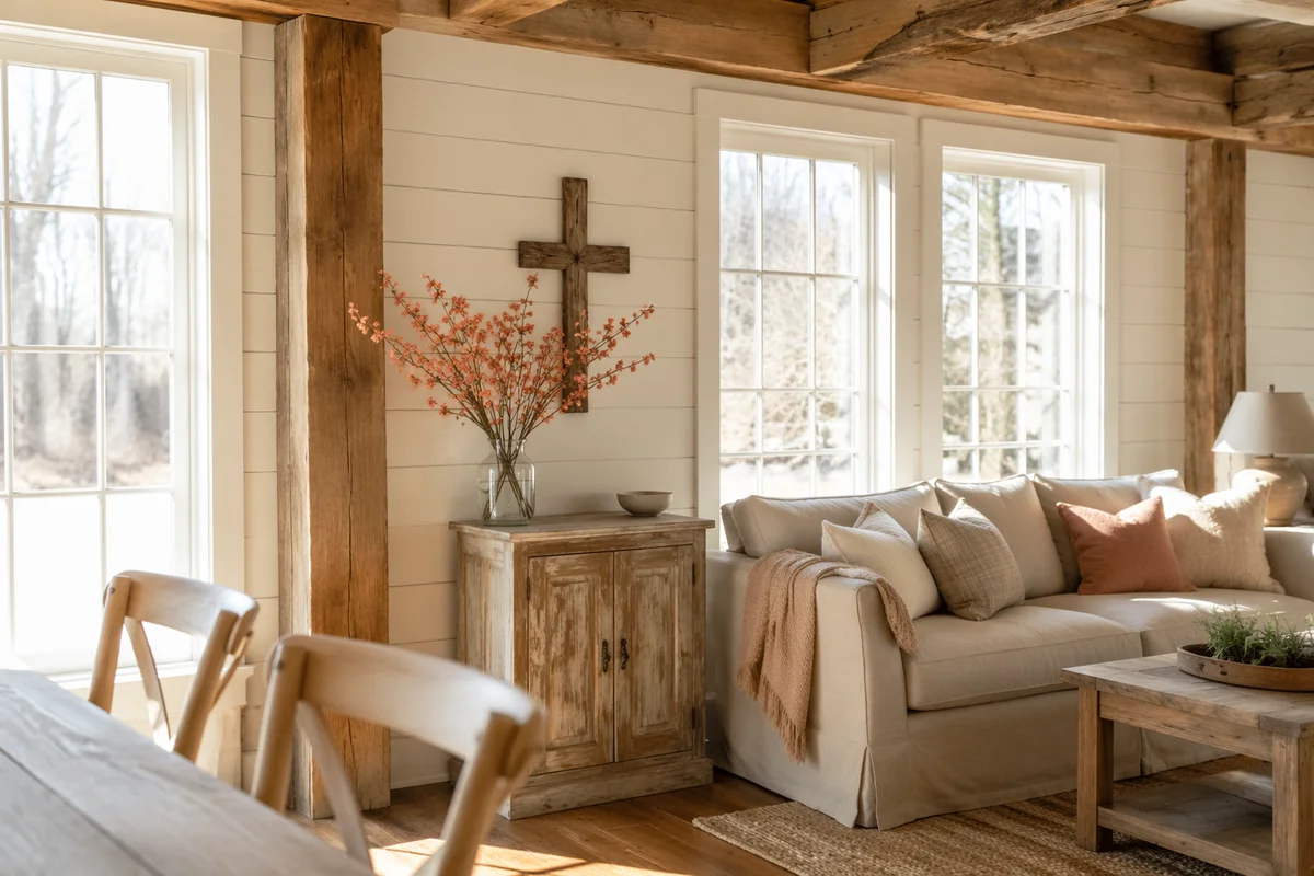 Wooden Cross in Cozy Rustic Living Room