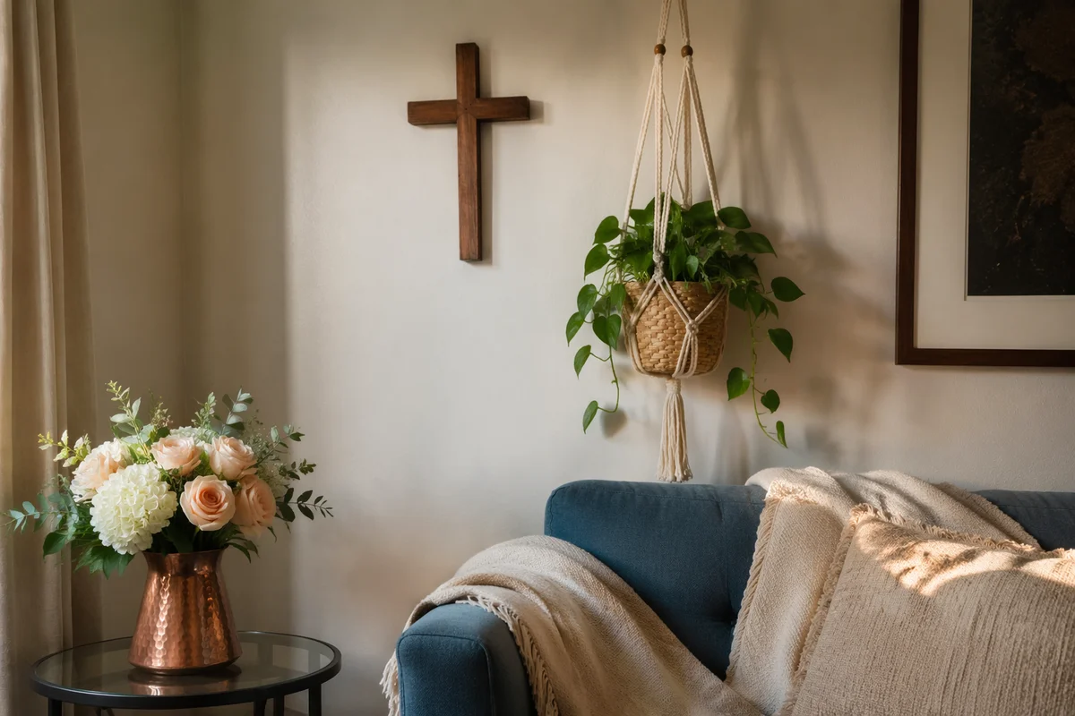 Wooden Cross on Cozy Living Room Wall