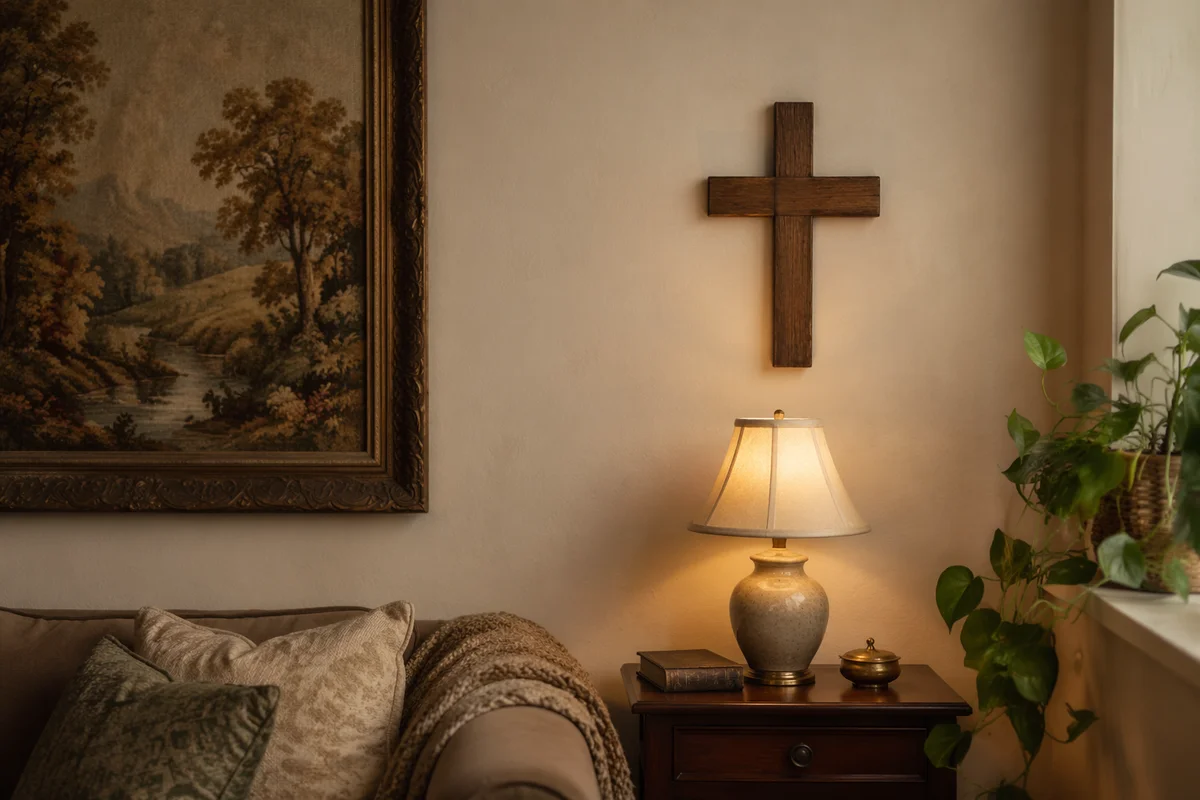Wooden Cross on Warm Living Room Wall