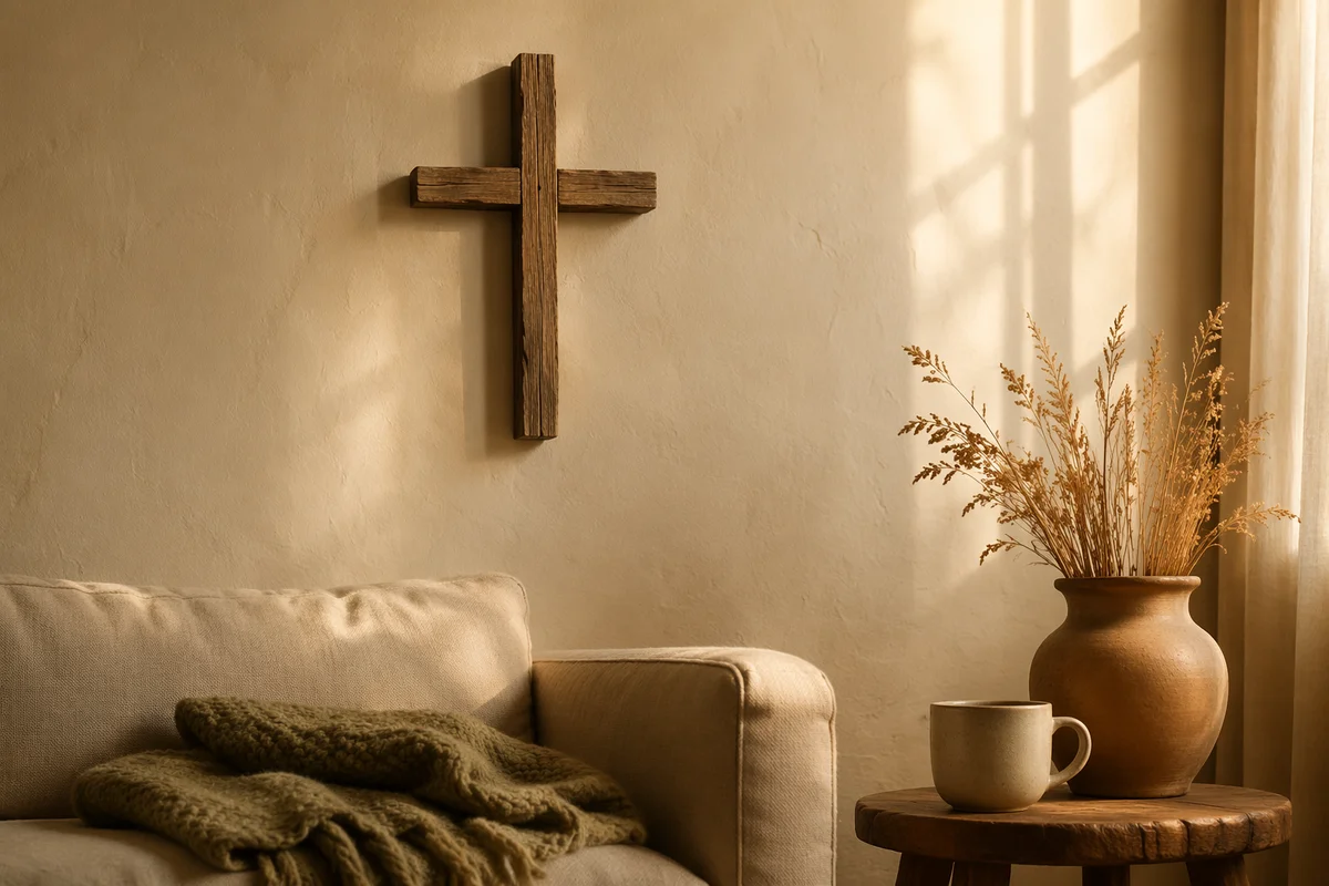 Wooden Cross on Warm Living Room Wall