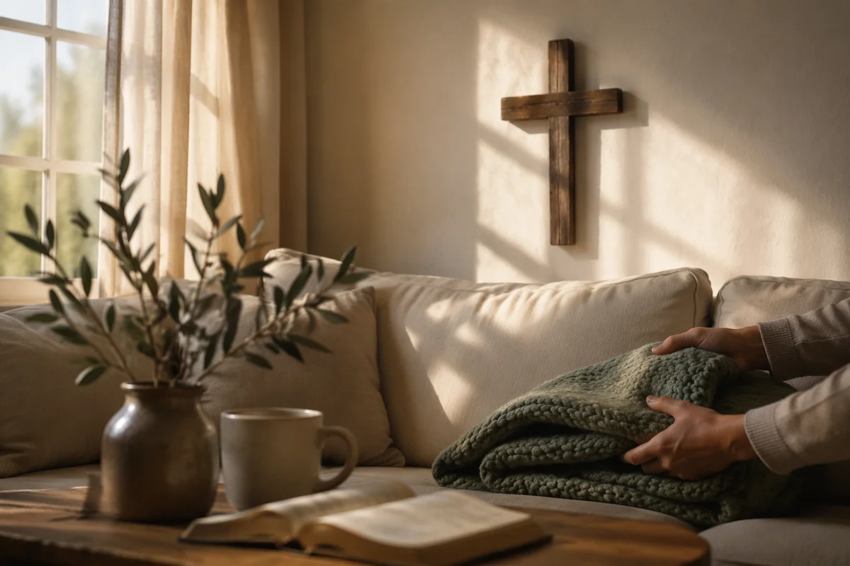 Wooden Cross Above Warm Living Room Sofa