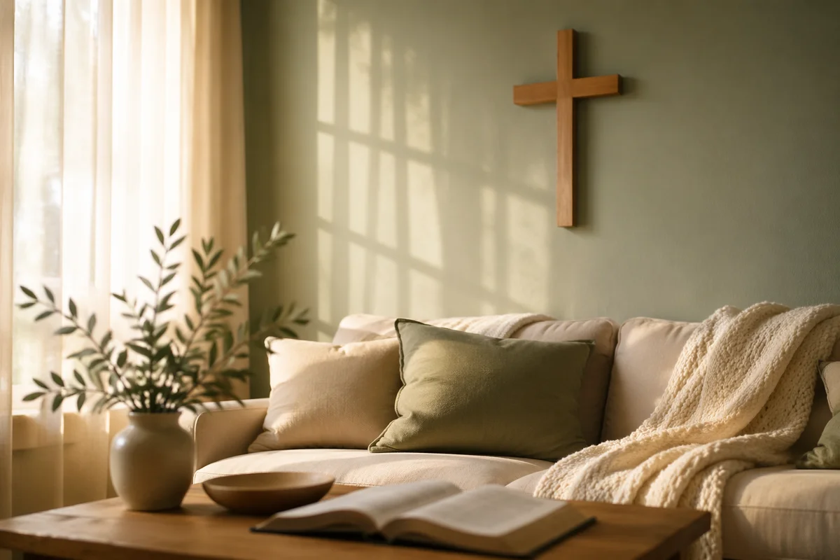 Wooden Cross Above Sage Living Room Sofa