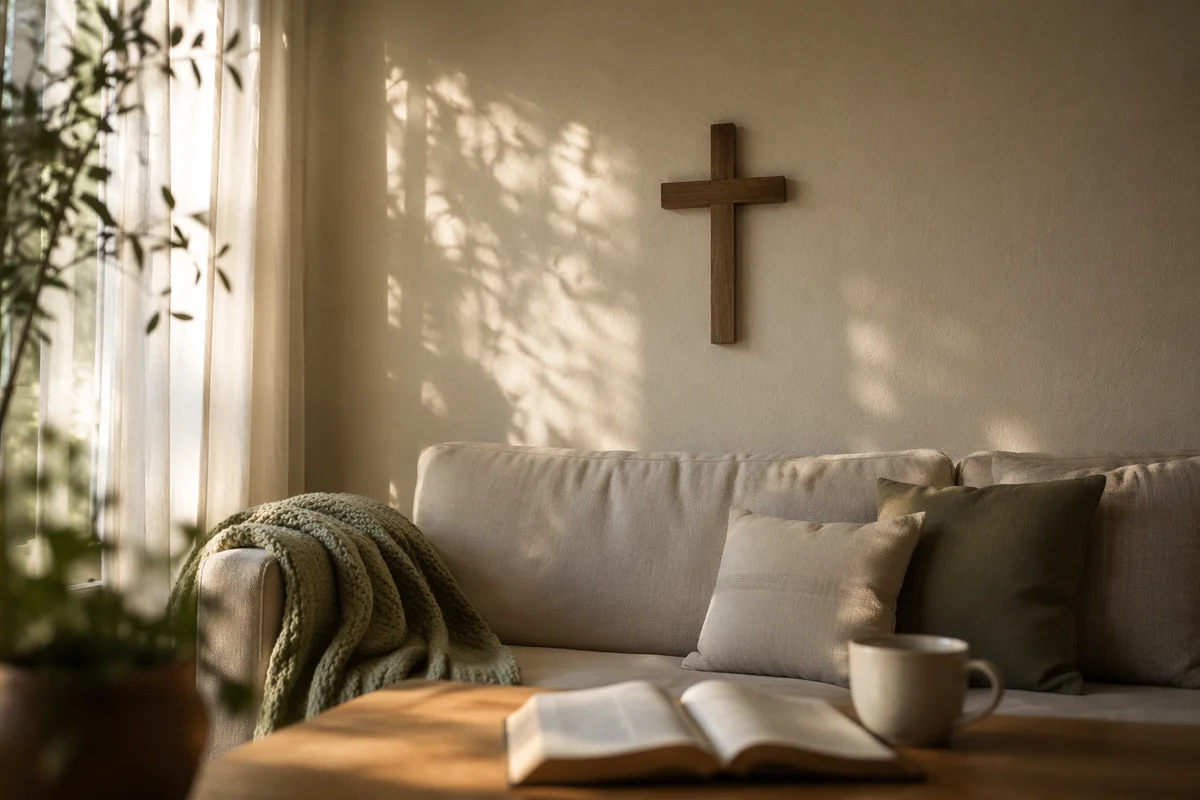 Wooden Cross Above Cozy Living Room Sofa