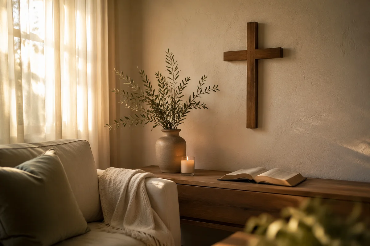 Wooden Cross in Cozy Living Room