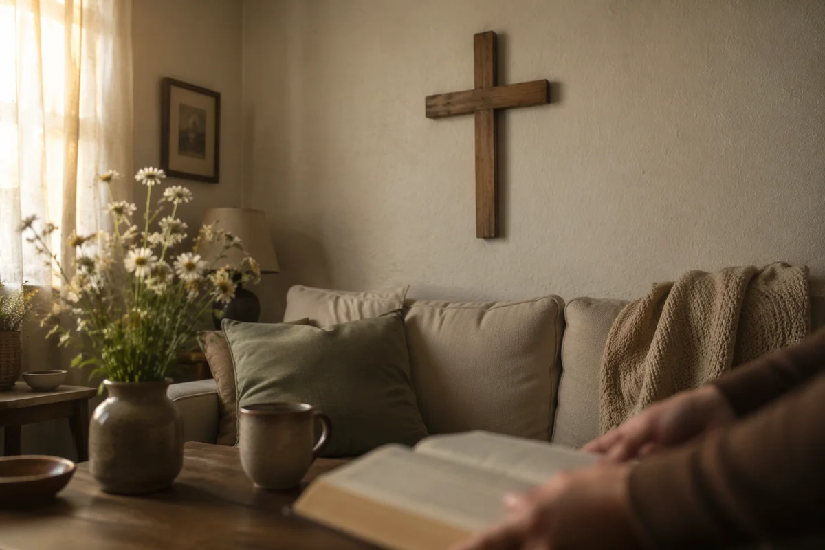 Wooden Cross Above Cozy Living Room Sofa