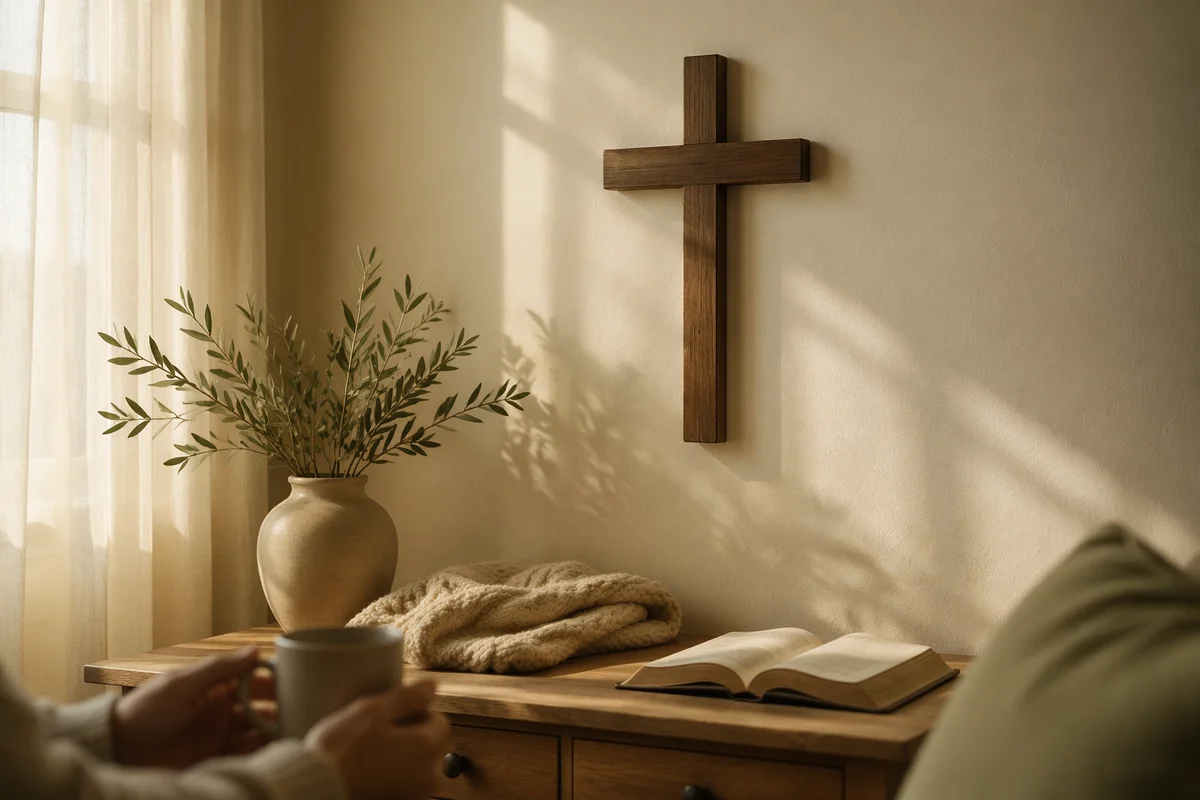 Wooden Cross on Peaceful Living Room Wall