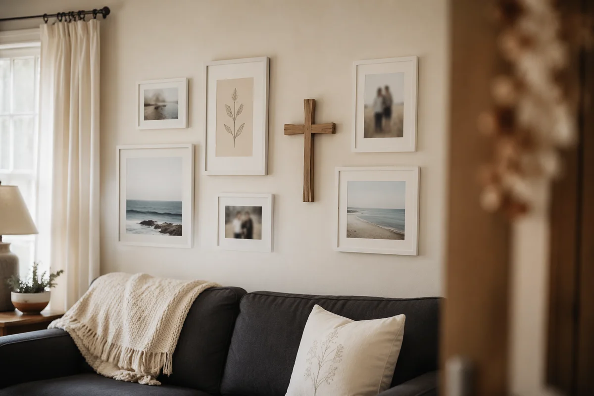 Wooden Cross Gallery Wall in Cozy Living Room