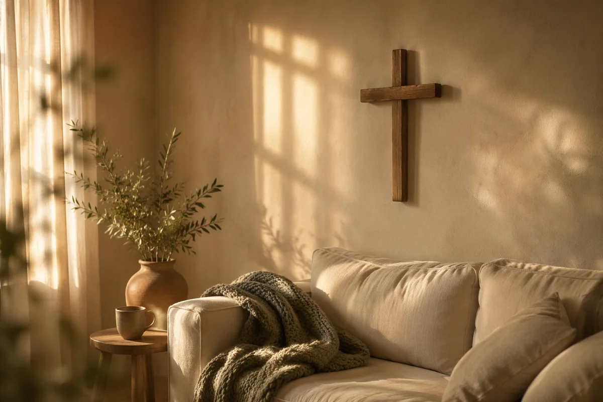 Wooden Cross on Warm Living Room Wall