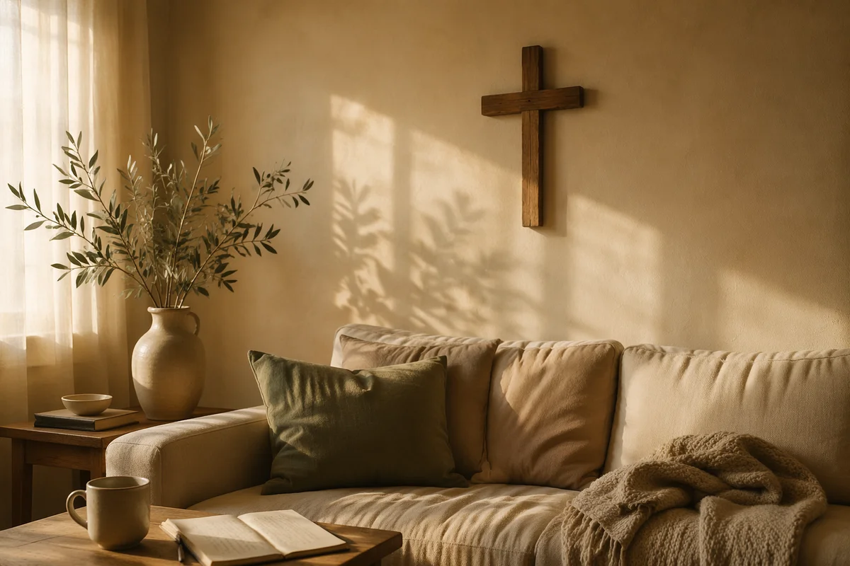 Handmade Cross Above Warm Living Room Sofa