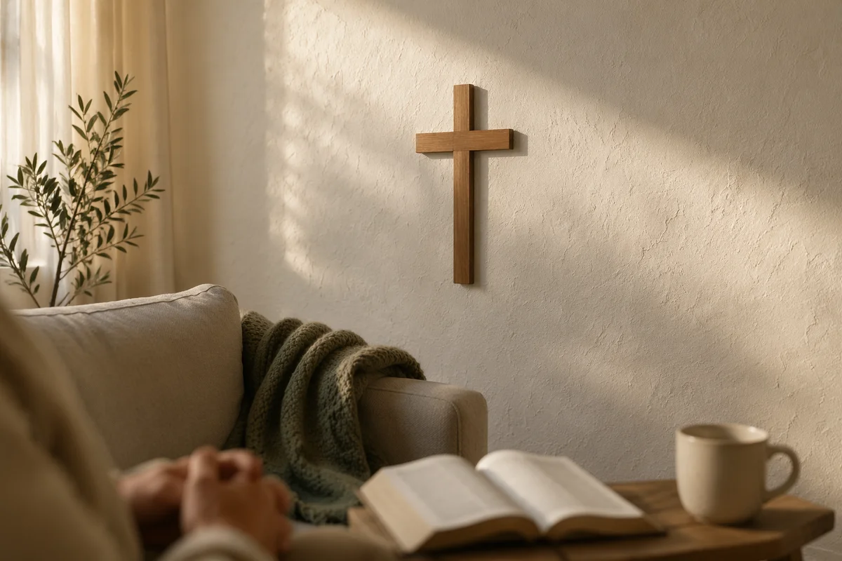Wooden Cross on Cozy Living Room Wall