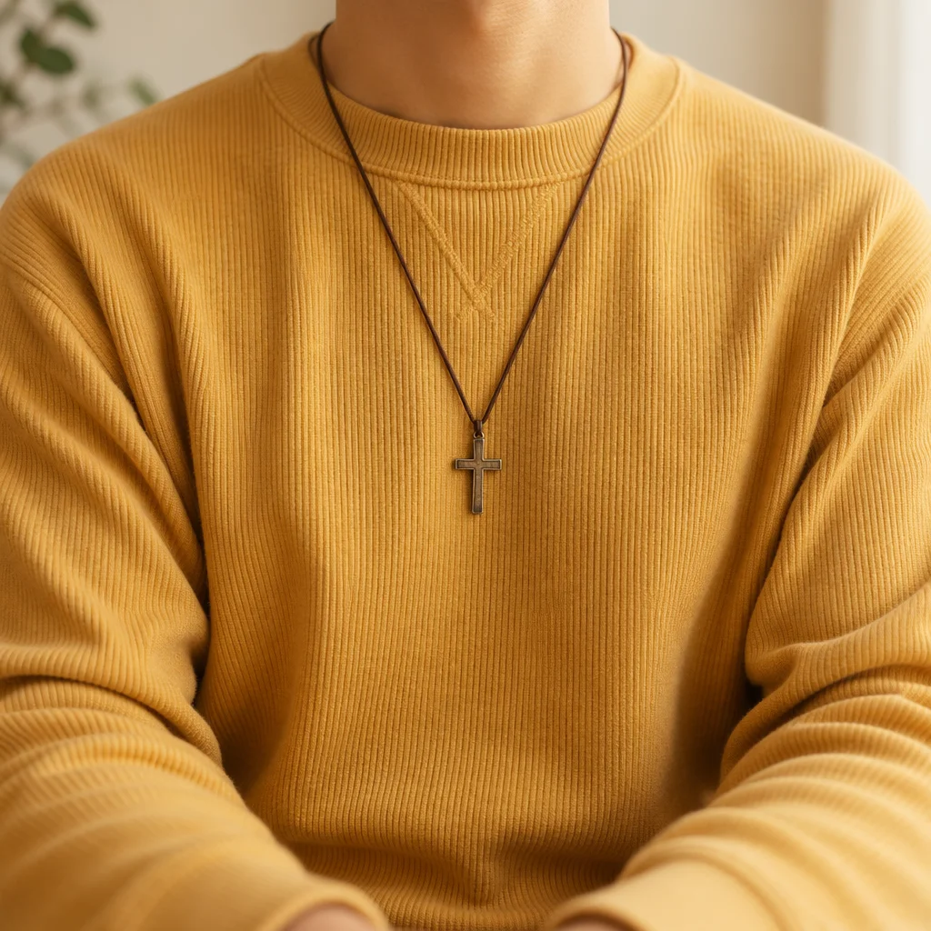 Simple Cross Necklace on Mustard Sweater