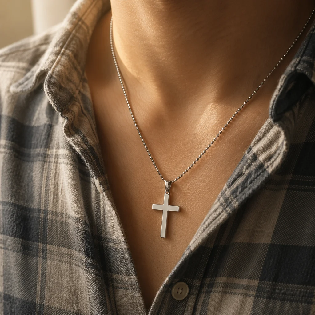 Silver Cross Necklace on Casual Plaid Shirt