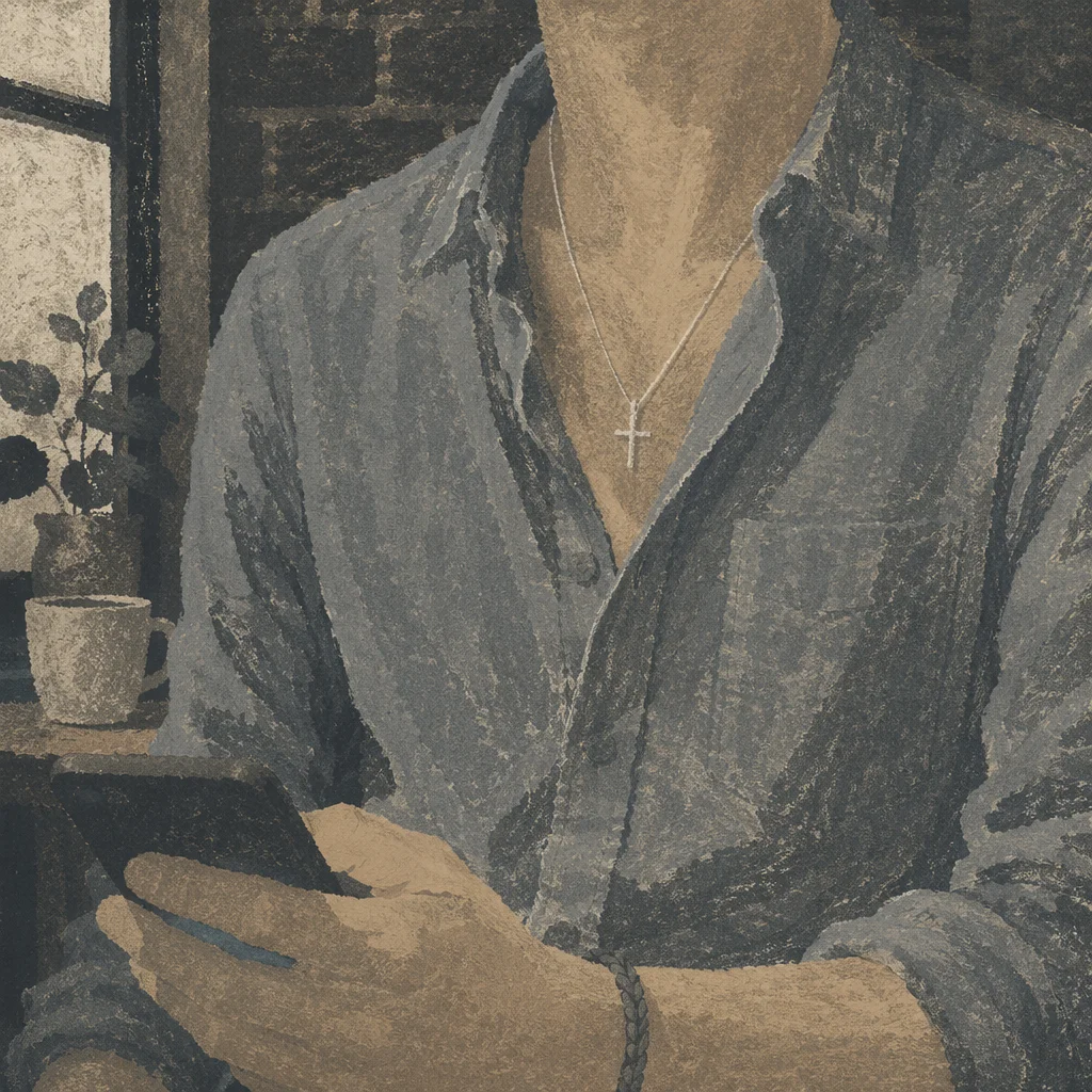 Cross Necklace on Casual Chambray Shirt