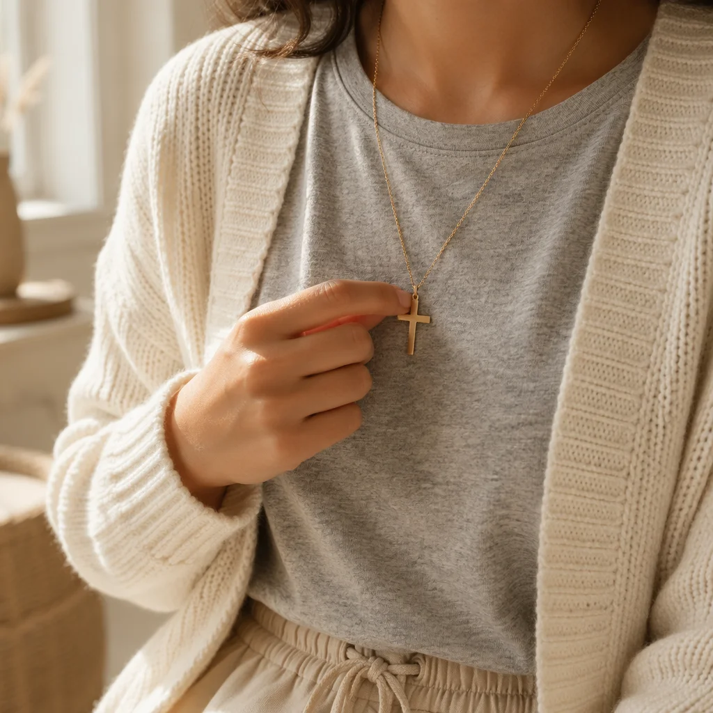 Cross Necklace on Casual Morning Outfit