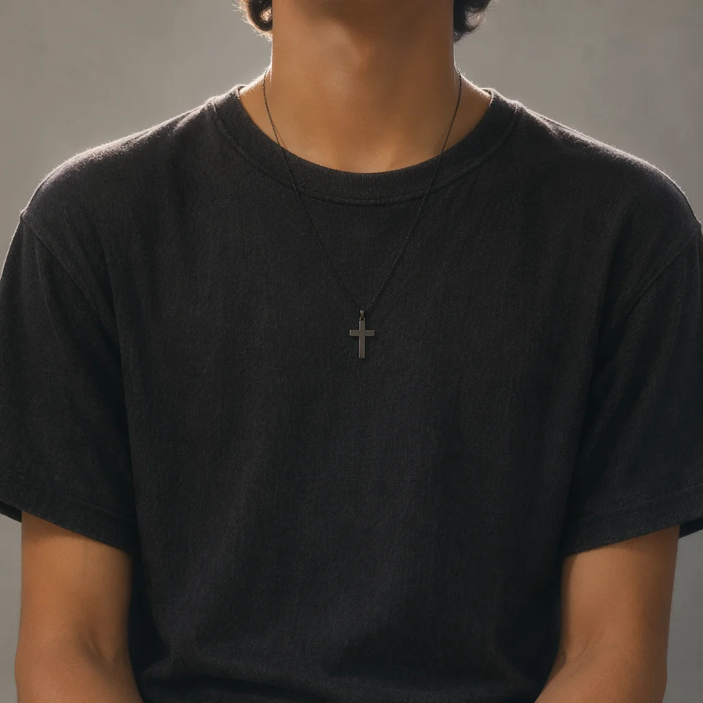 Simple Cross Necklace on Charcoal Shirt