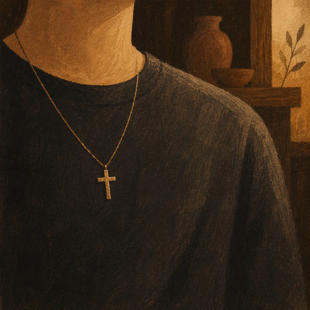 Gold Cross Necklace in Warm Casual Portrait