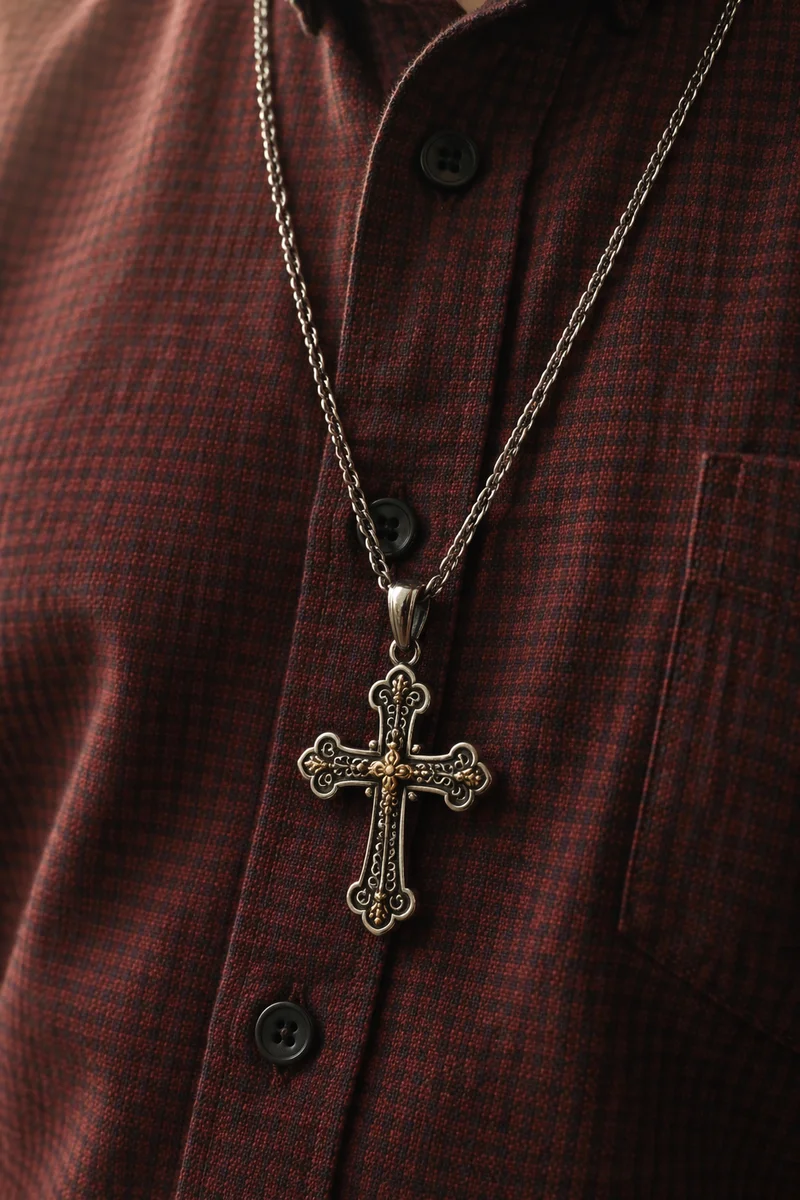 Silver Cross Necklace on Burgundy Shirt