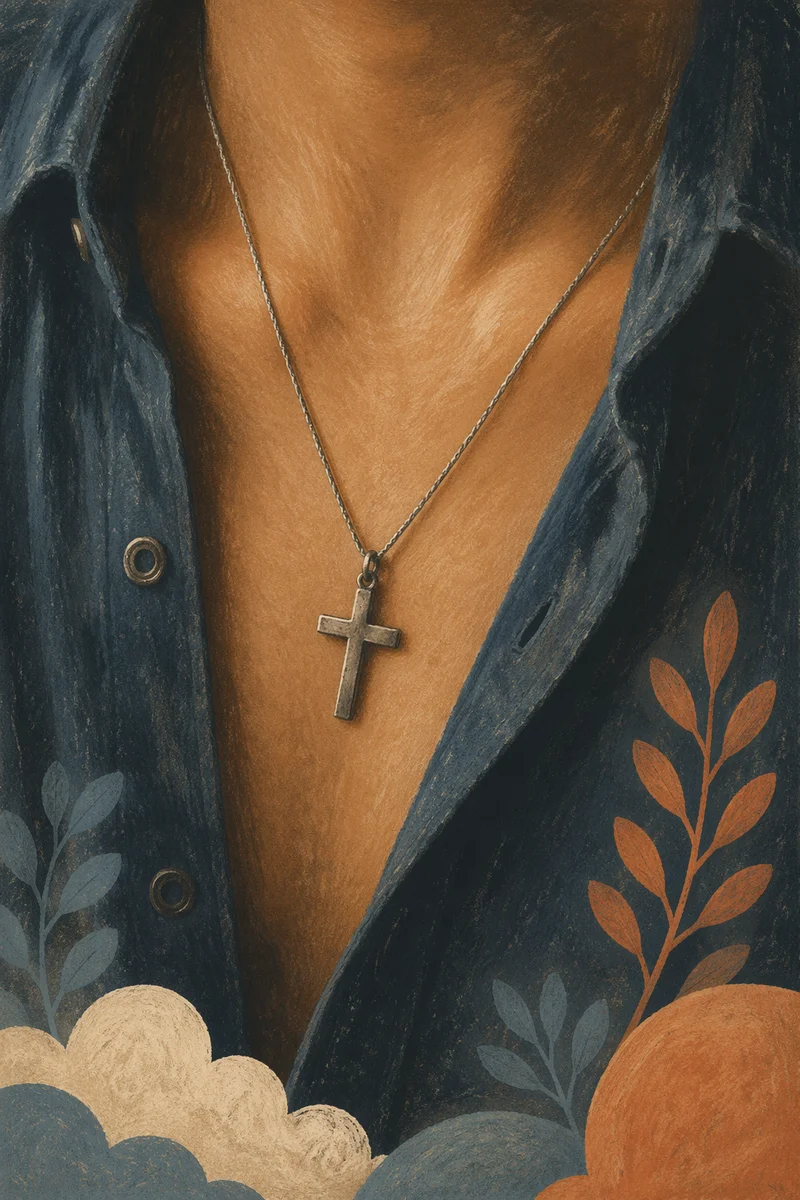 Silver Cross Pendant on Casual Shirt