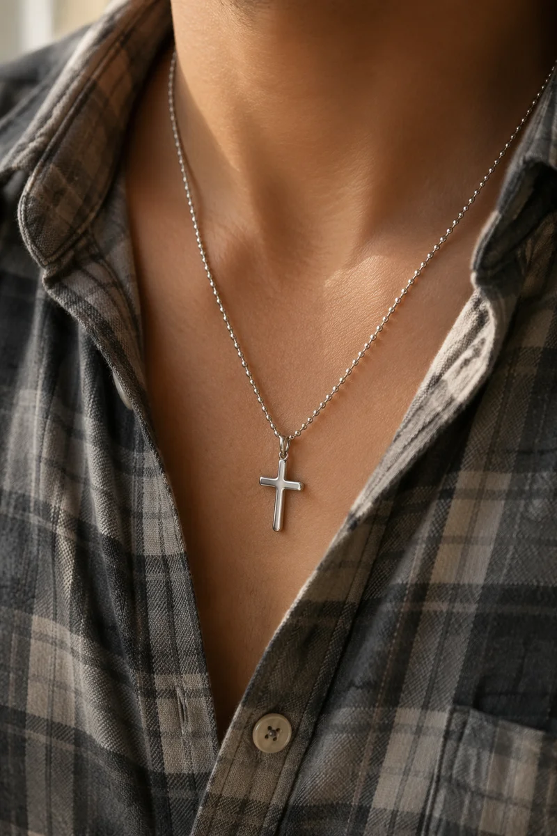 Silver Cross Necklace with Casual Plaid Shirt