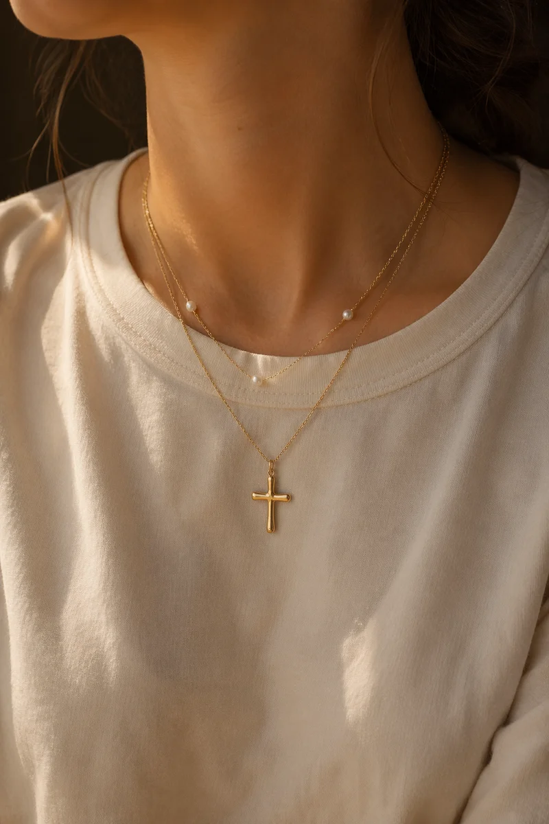 Gold Cross Necklace in Warm Window Light