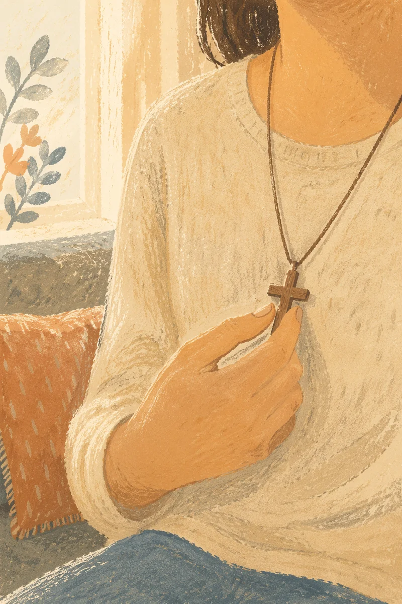 Wooden Cross Necklace in Morning Reflection