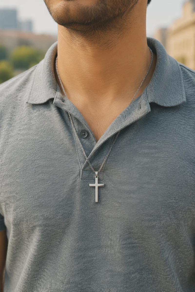 Silver Cross Necklace on Casual Shirt