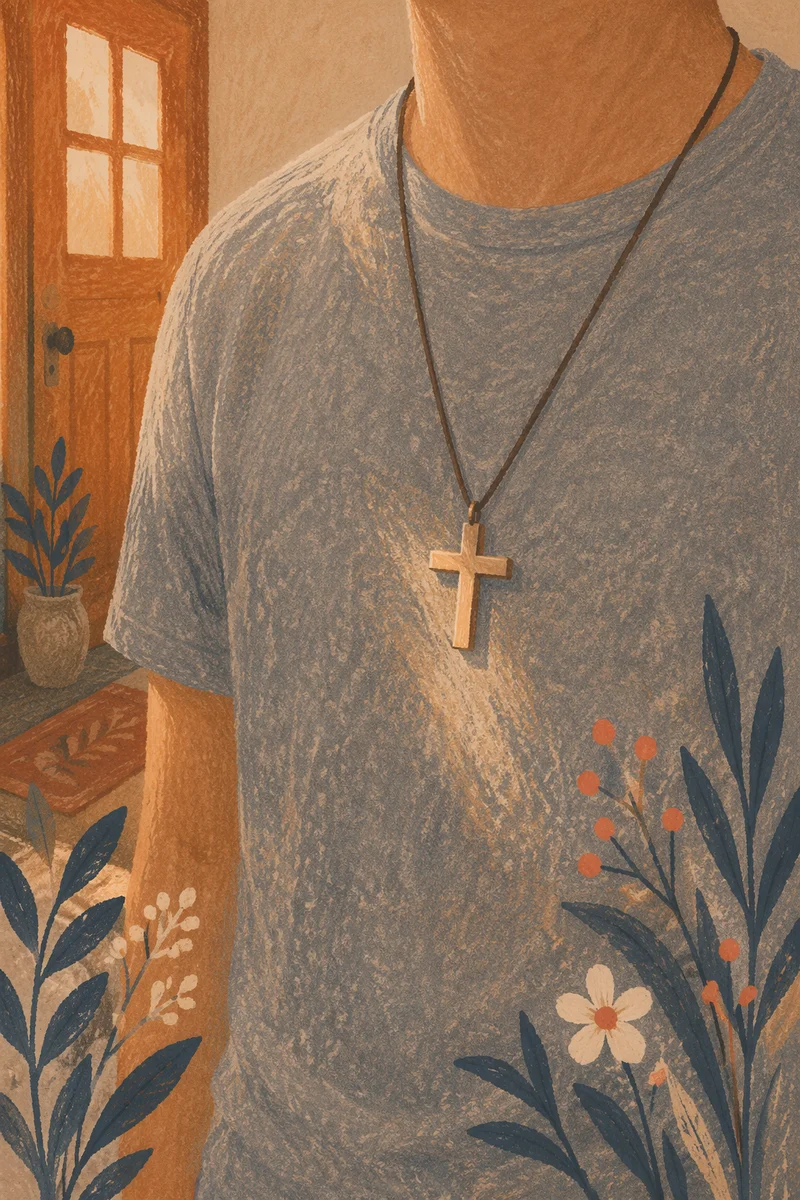 Simple Cross Necklace on Casual Shirt